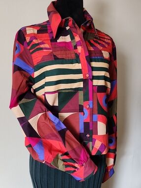 Farm Rio for Anthropologie Colorful Geometric Puff Sleeve Blouse Small